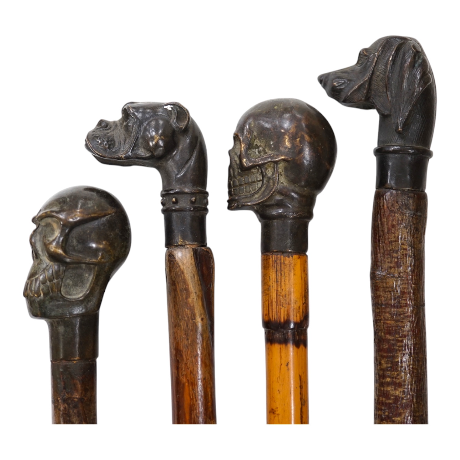 Four bronze topped walking canes, two with skulls, and two with dogs, canvas longest 93cm. Condition - fair to good.